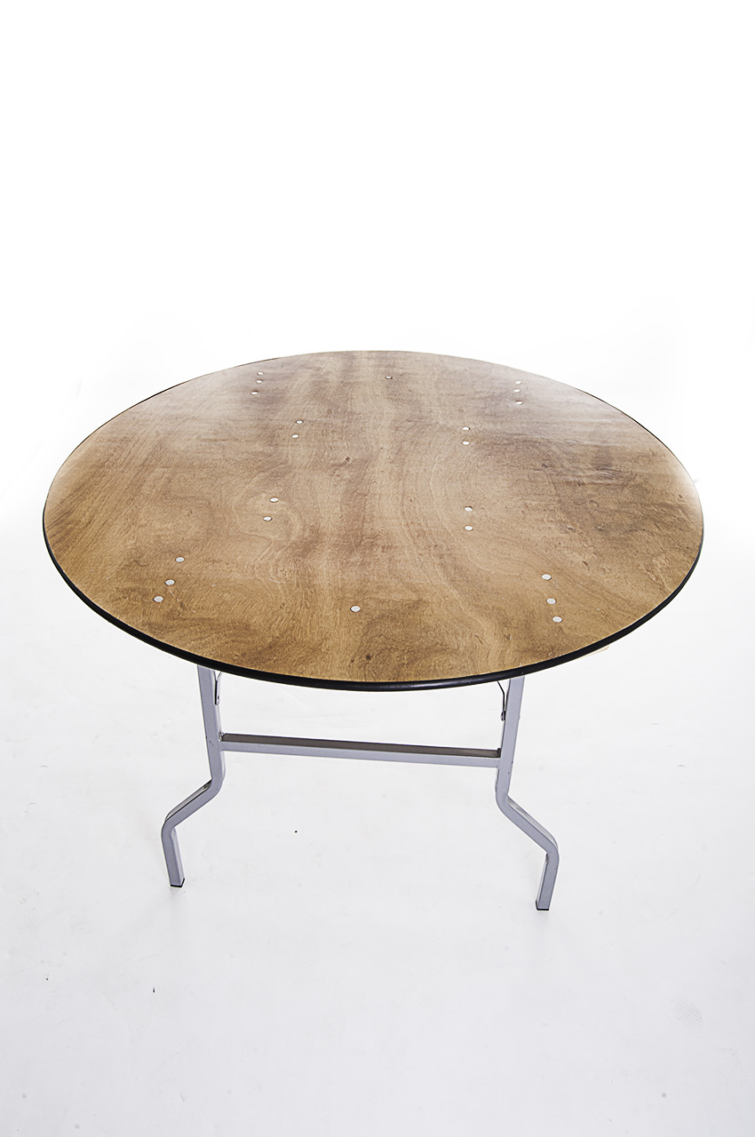 4' Diameter (122cm) varnished plywood top round tables with steel folding legs- BE Event Hire