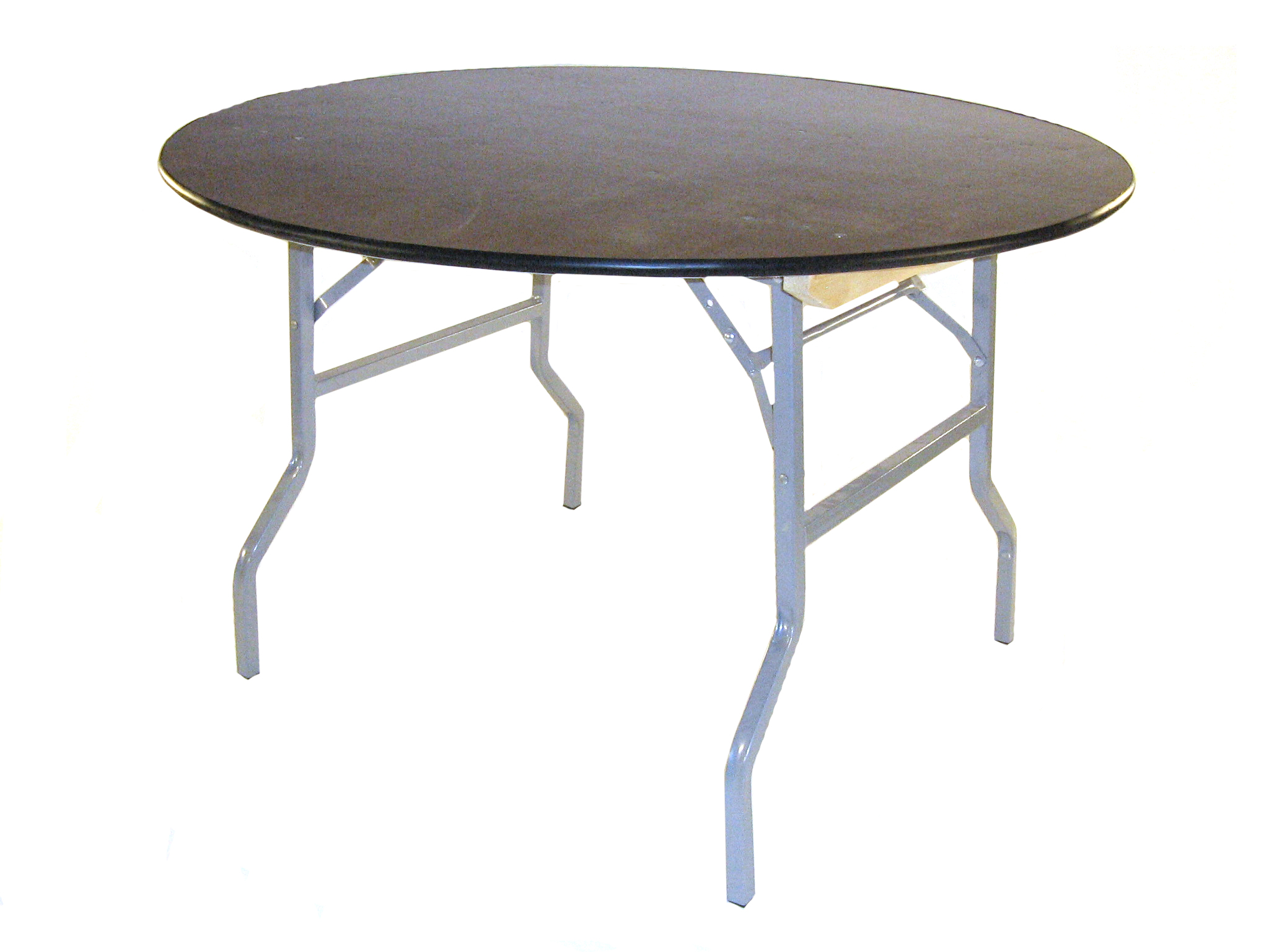 4' Diameter (122cm) varnished plywood top round tables with steel folding legs- BE Event Hire