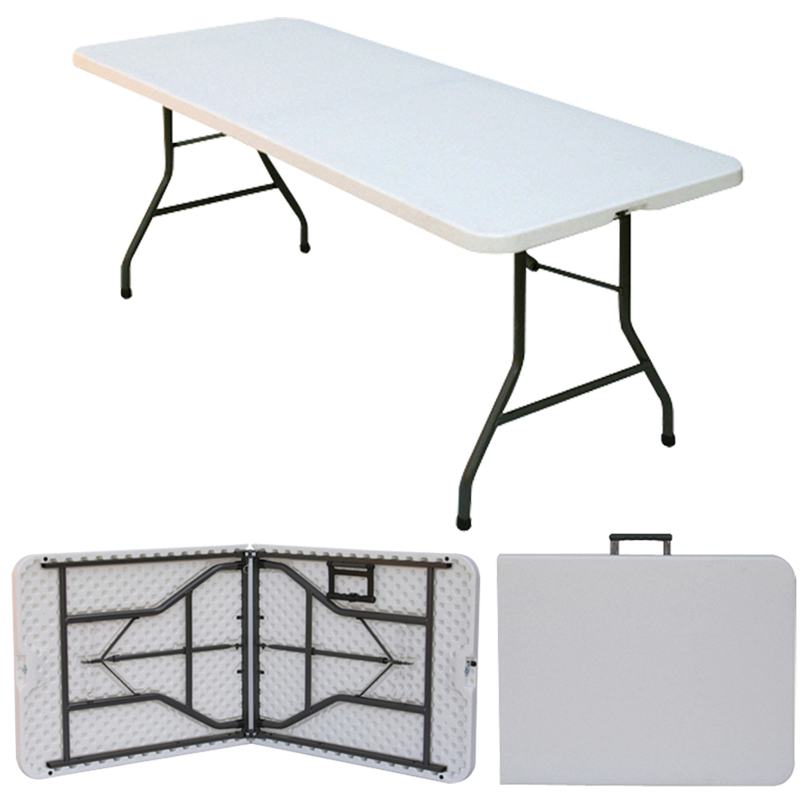 Sturdy 6' x 2'6'' blow mold plastic table with steel folding legs.- BE Event Hire