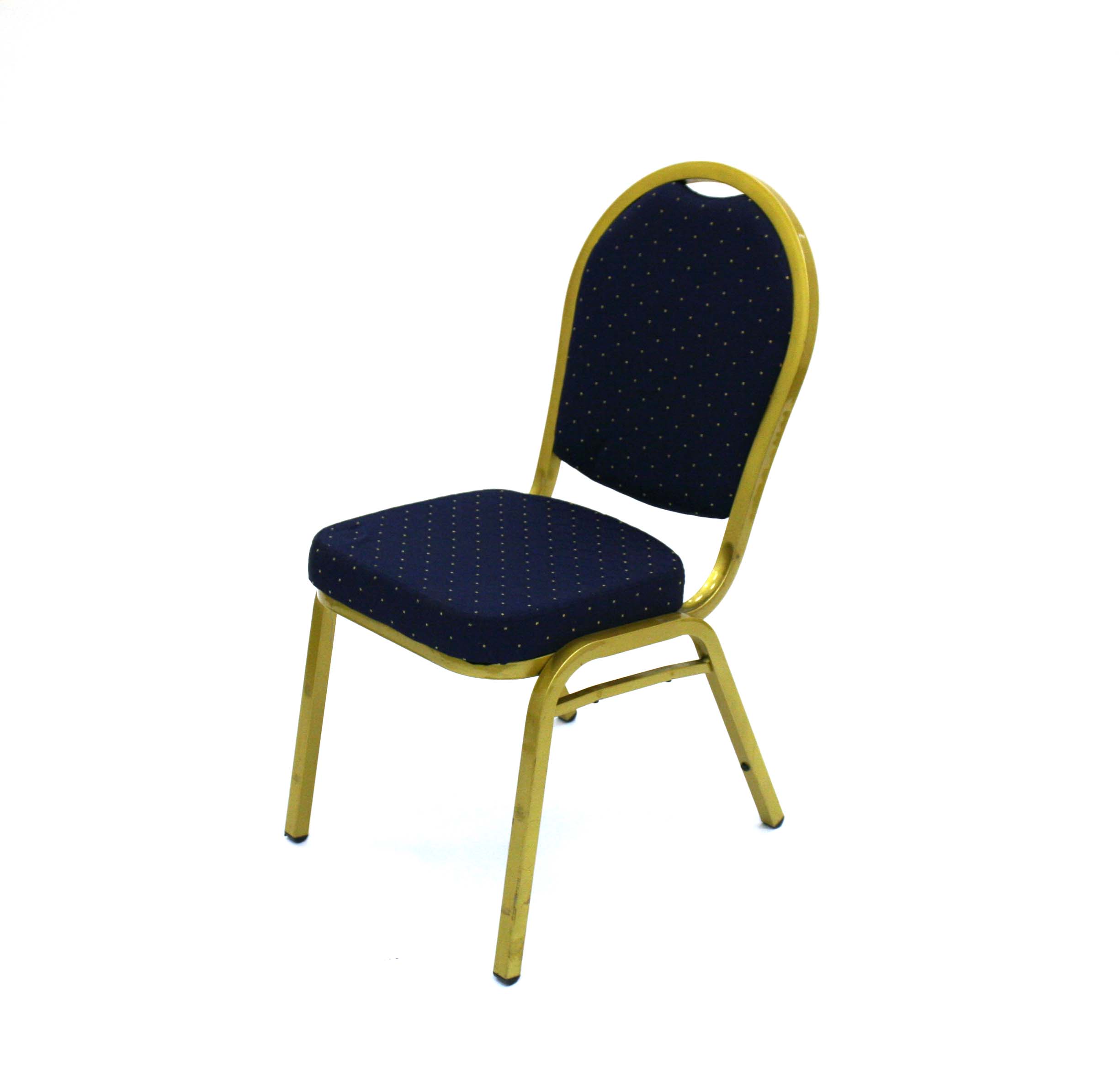 Ex hire gold steel framed chair with a dark blue padded seat & back - BE Event Hire
