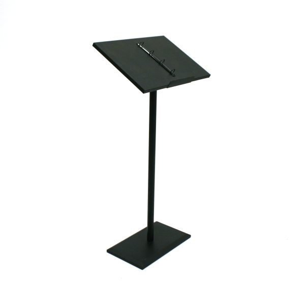 Black powder coated carbon steel lectern with attached ring binders - BE Event Hire