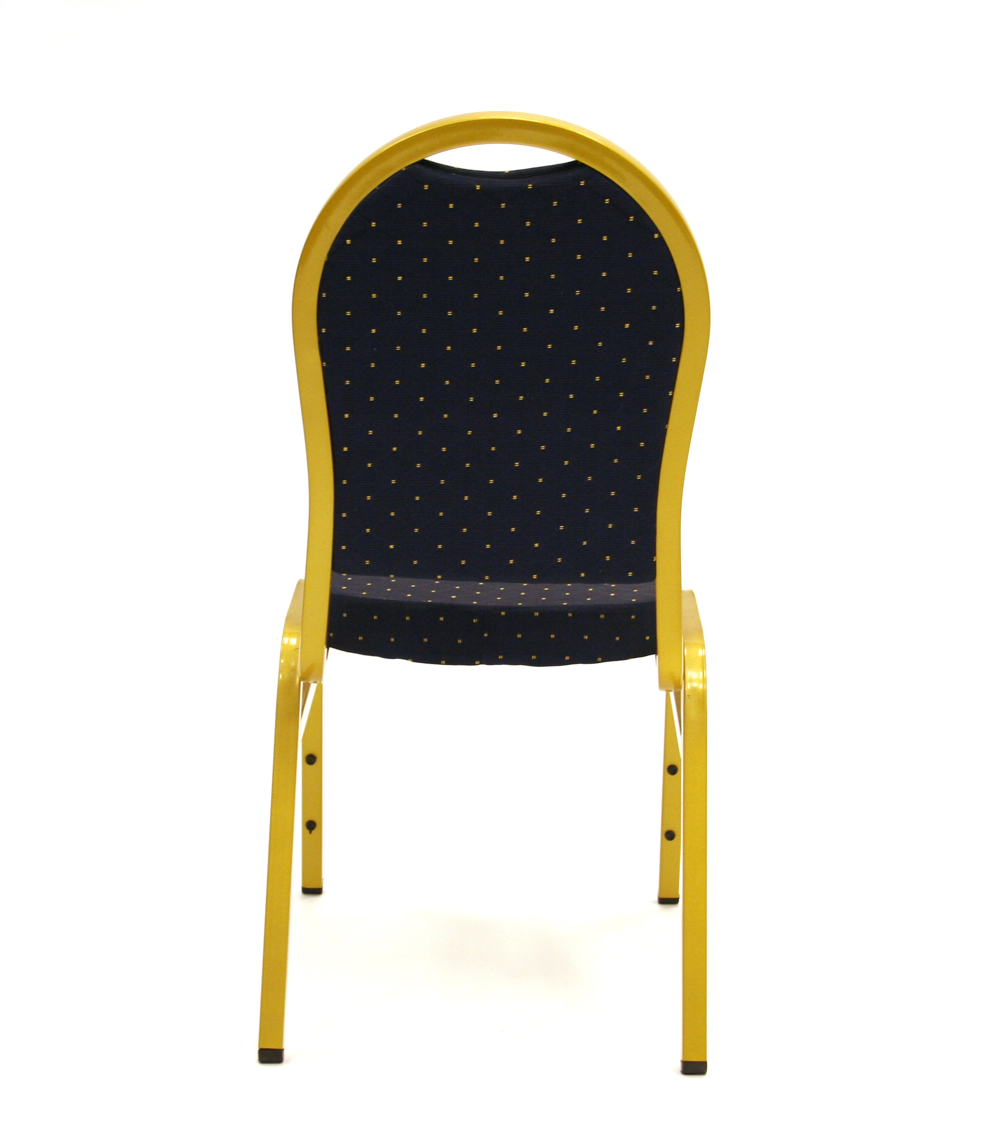 Gold steel framed banquet  chair with a dark blue padded seat & back - BE Event Hire