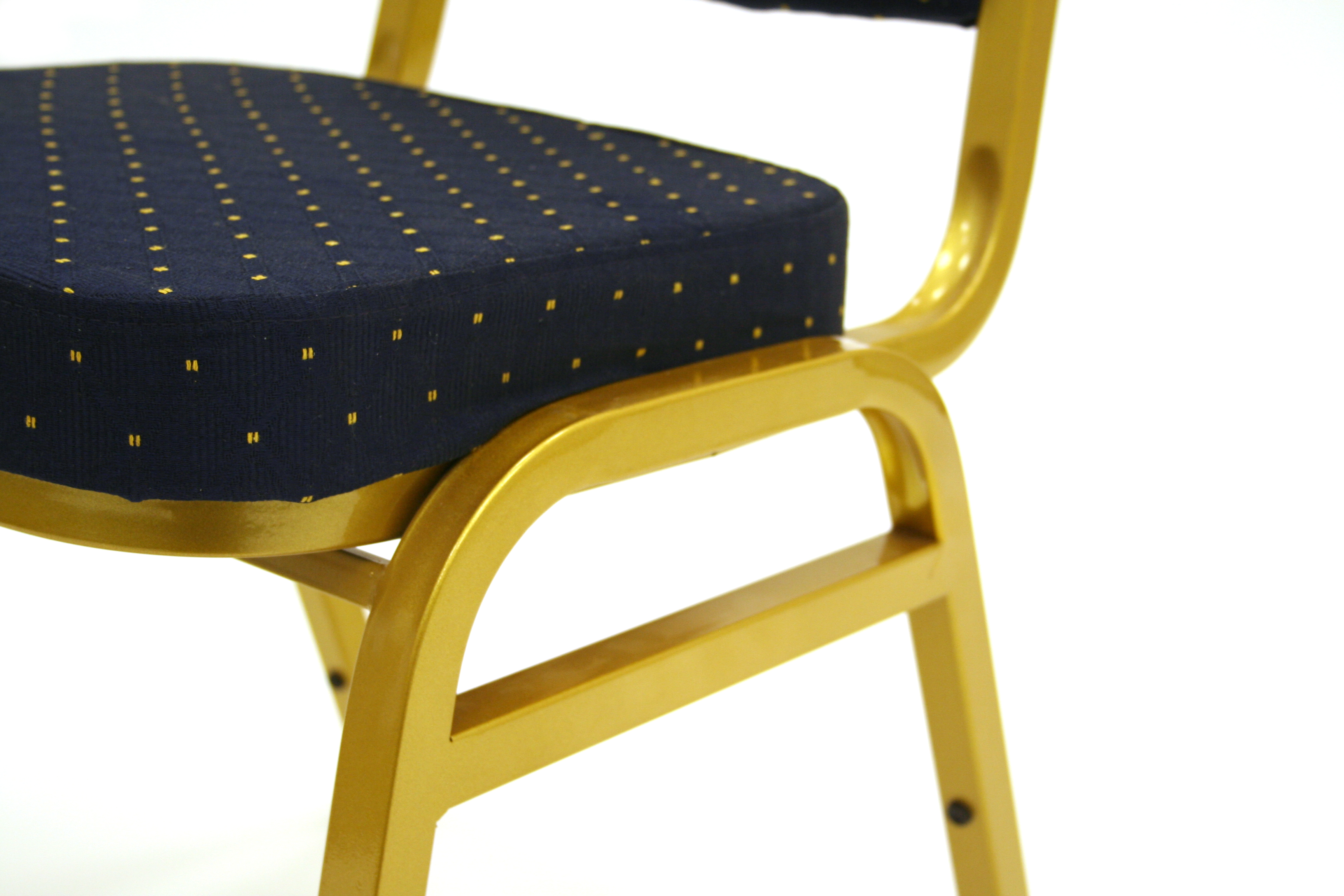 Gold steel framed banquet  chair with a dark blue padded seat & back - BE Event Hire