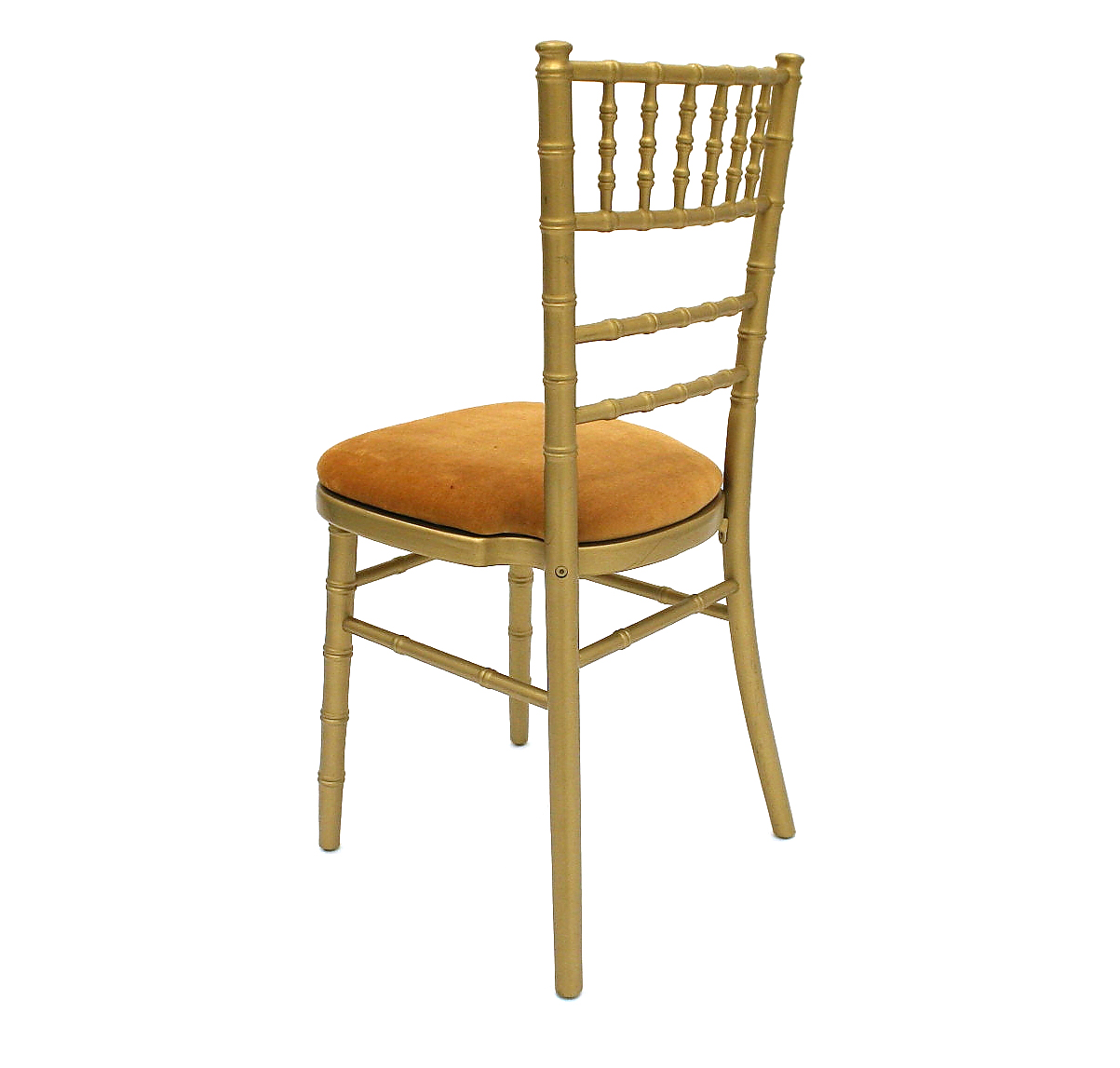 Gold wooden framed chiavari chair with a gold seat pad - BE Event Hire