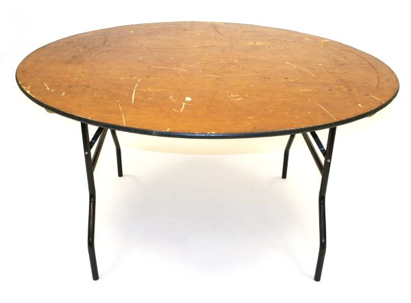 6' Diameter varnished plywood top round tables with steel folding legs. - BE Event Hire