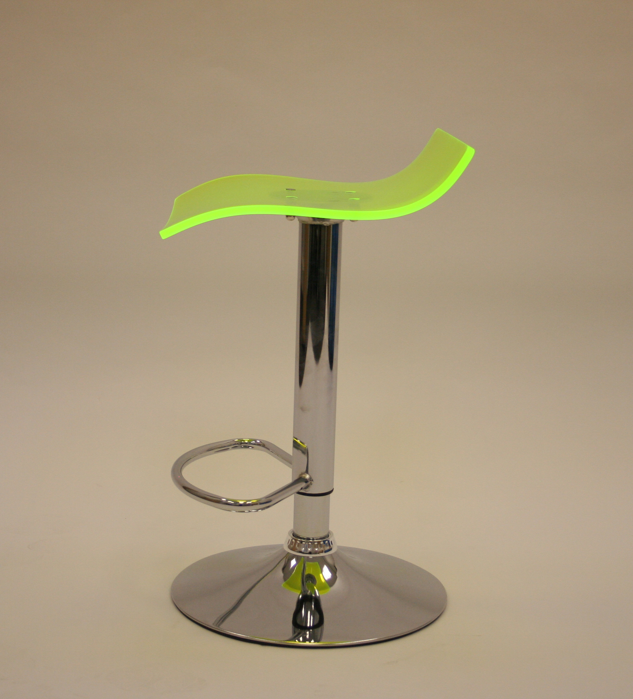 Green acrylic swivel bar gas lift stool with a chrome base and foot