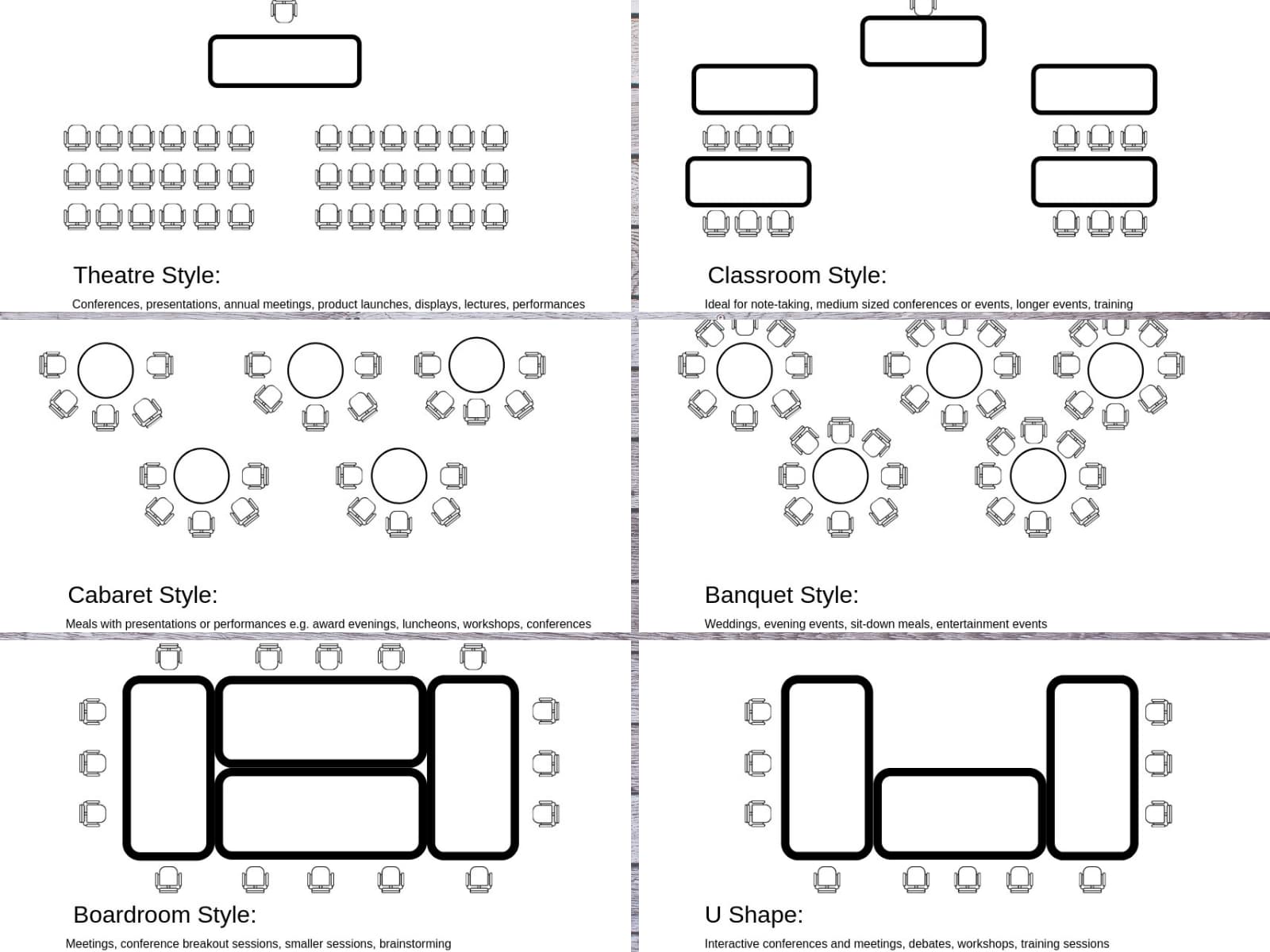 Six room layouts for events, conferences and meetings - BE Furniture Sales