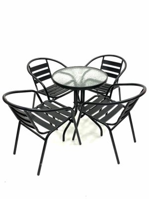Black Garden Set - Round Glass Table & 4 Black Steel Chairs - BE Furniture Sales
