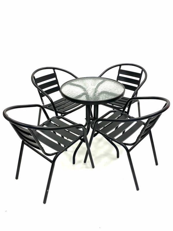 Black Garden Set Round Glass Table & 4 Black Steel Chairs
