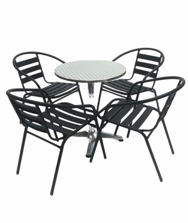 Black Garden Set - Aluminium Pedestal Table & 4 Black Steel Chairs - BE Furniture Sales