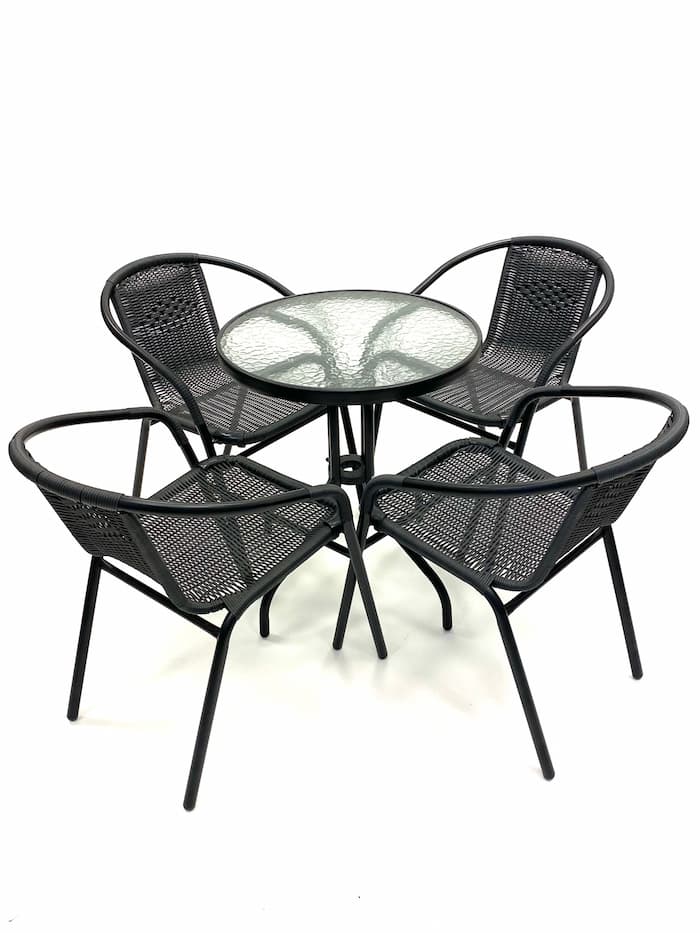 Black Rattan Garden Set Round Glass Table & 4 Rattan Chairs