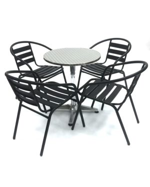 Black Garden Set - Aluminium Pedestal Table & 4 Black Steel Chairs - BE Furniture Sales