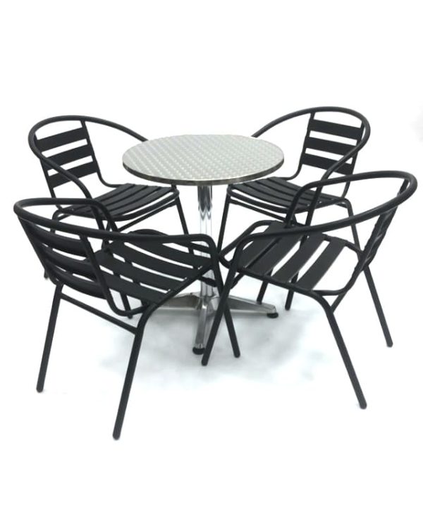 Black Garden Set Aluminium Pedestal Table & 4 Black Steel Chairs