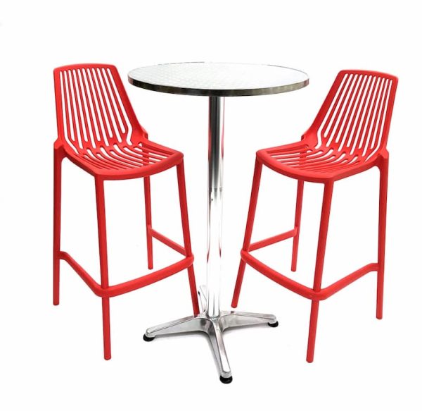 Aluminium High Bar Table & 2 Red Plastic Bar Stools - BE Furniture Sales