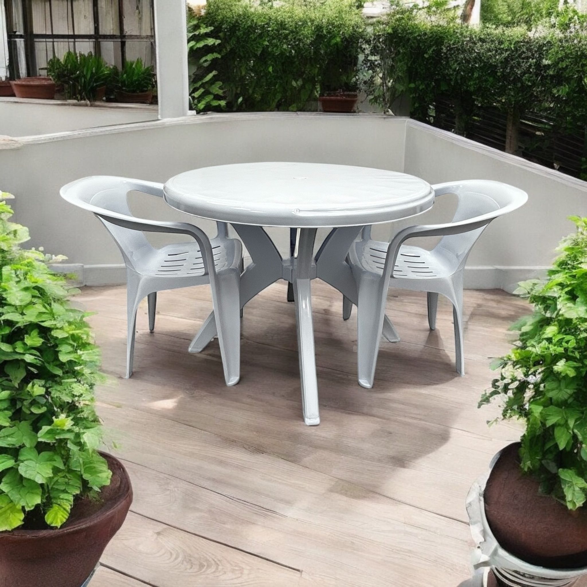 White Patio Garden Furniture - Round Table, 2 x Slatted Chairs
