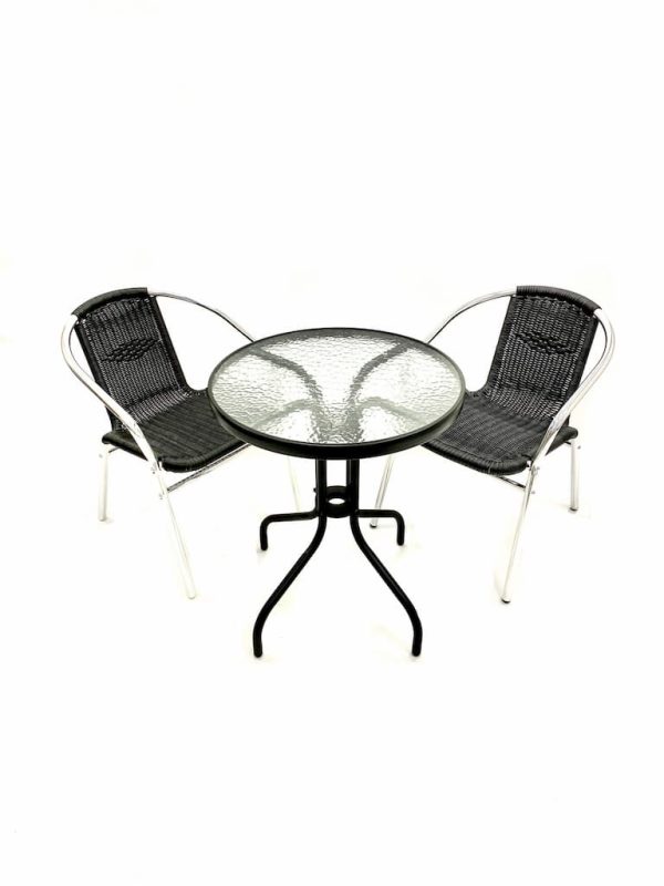 Black and Glass Table and 2 Black Rattan Chairs - BE Furniture Sales