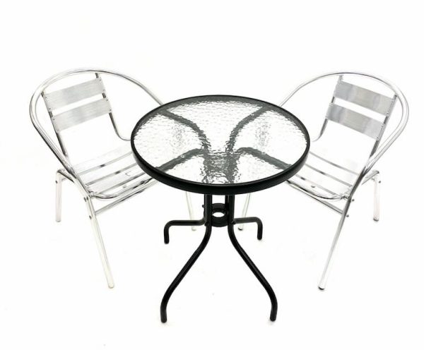 Glass Round Table & 2 Aluminium Chairs Set - BE Furniture Sales