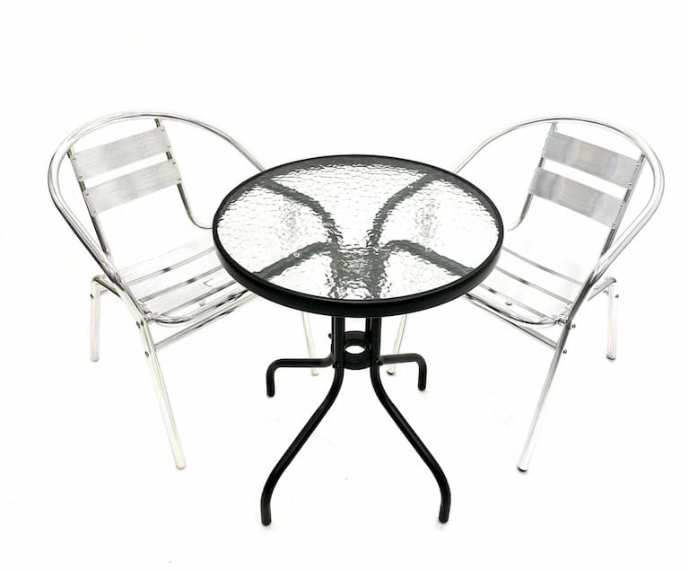 Aluminium Cafe Set Round Glass Table & 2 Chair Set BE Furniture Sales