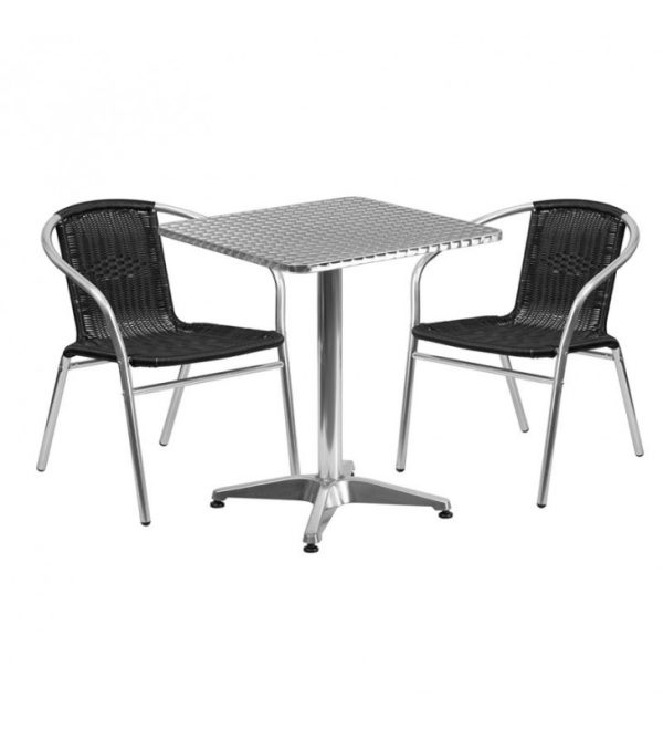 Aluminium Square Table & 2 Black Rattan Chairs Set - BE Furniture Sales
