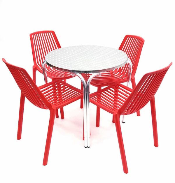Round Aluminium Table & 4 RED Stacking Chairs Set - BE Furniture Sales