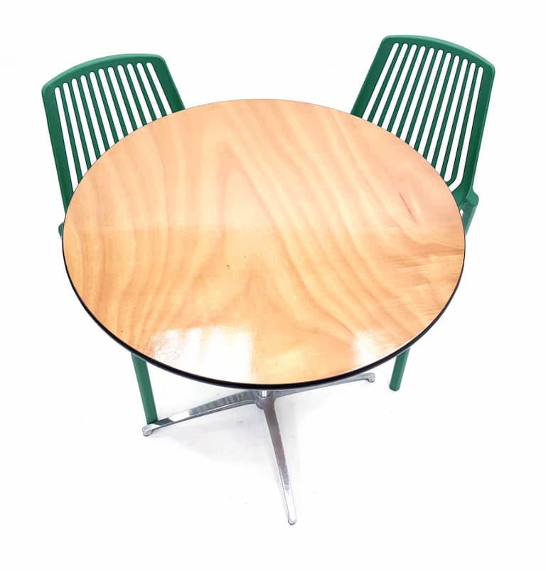 Round Adjustable Varnished Wood Table & 2 Green Chairs Set