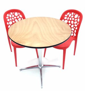 Round Dual Height Varnished Wood Table & 2 Contemporary Roma Red Chairs Set - BE Furniture Sales