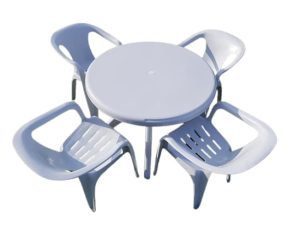 White Plastic Garden Set - Round Table, 4 x Slatted Chairs - BE Furniture Sales