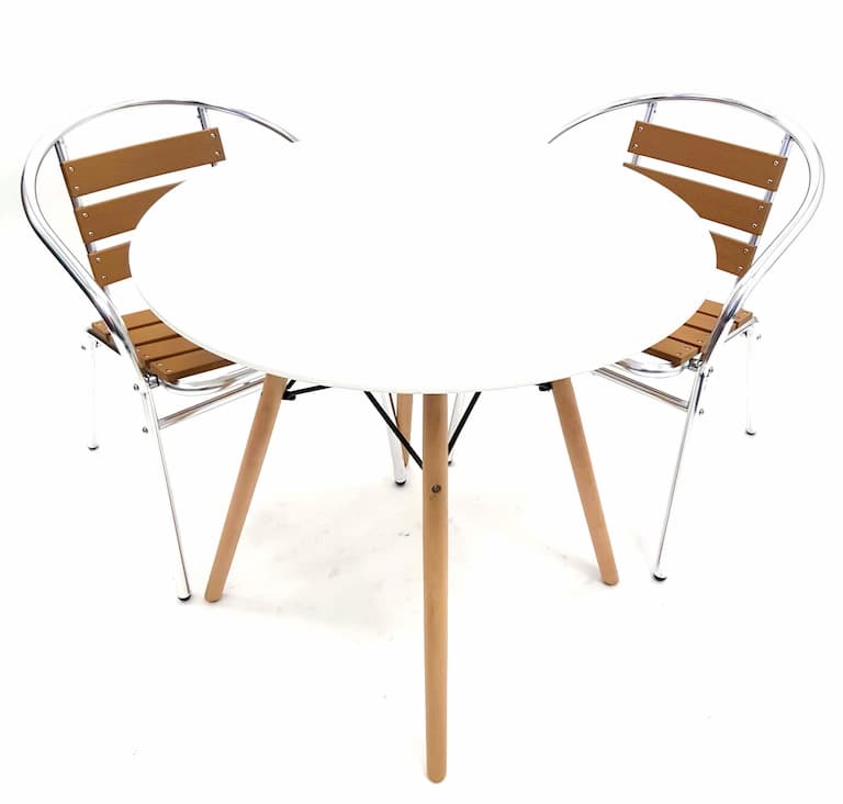 White Round Pyramid Table & 2 Wood Effect Aluminium Chairs Set - BE Furniture Sales
