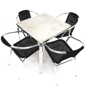 4 Black Rattan Chairs & Square Aluminium Table Set - BE Furniture Sales