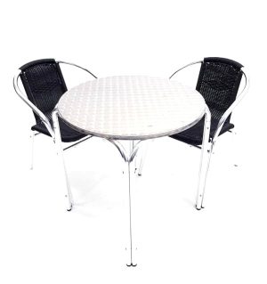 Black Rattan Garden Set - Round Aluminium Table & 2 Black Rattan Chairs - BE Furniture Sales
