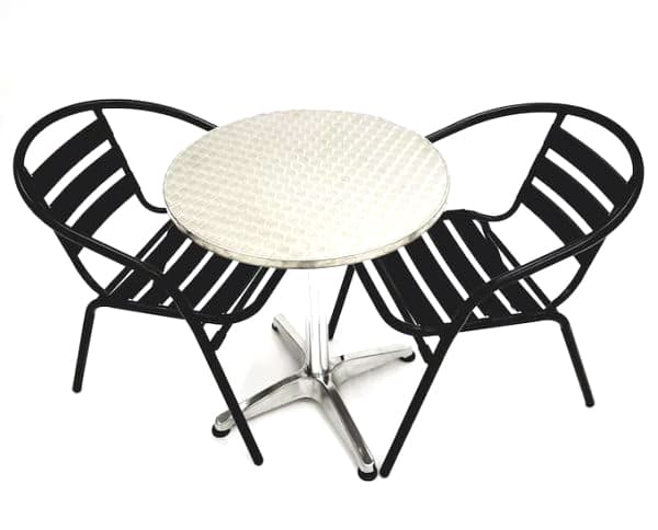 2 Black Steel Chair Sets & Round Aluminium Table - BE Furniture Sales
