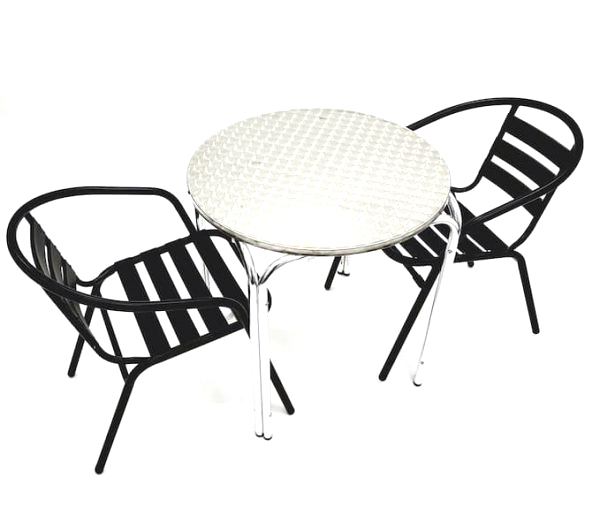2 Black Steel Garden Chairs & Stacking Aluminium Table - BE Furniture Sales