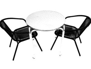 2 Black Steel Rattan Chairs with Round Aluminium Stacking Table - BE Furniture Sales