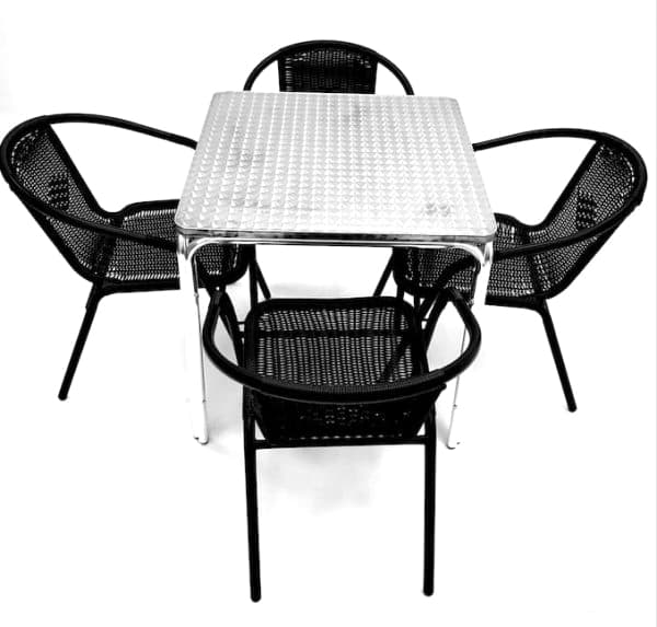 Black Garden Set - Aluminium Square Table & 4 Rattan Steel Chairs - BE Furniture Sales