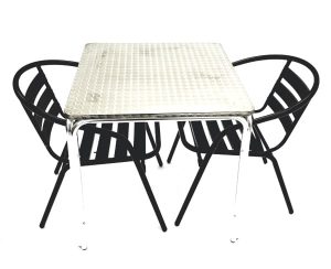 Black Garden Set - Aluminium Stacking Table & 2 Black Steel Chairs - BE Furniture Sales
