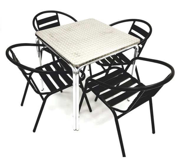 Black Garden Set - Aluminium Stacking Table & 4 Black Steel Chairs - BE Furniture Sales