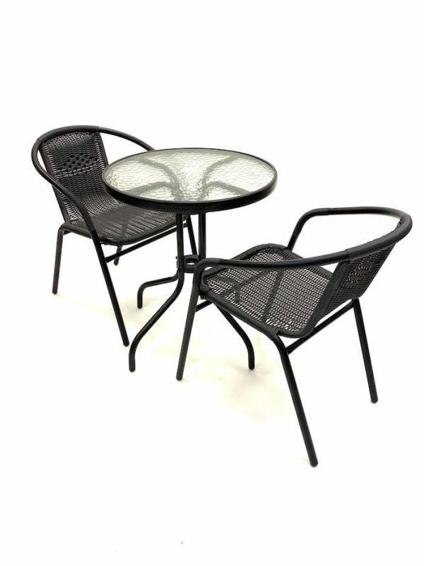 Black Steel Garden Set Round Glass Table & 2 Rattan Chairs BE