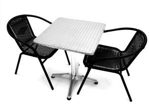 Black Garden Set - Square Pedestal Table & 2 Rattan Steel Chairs - BE Furniture Sales