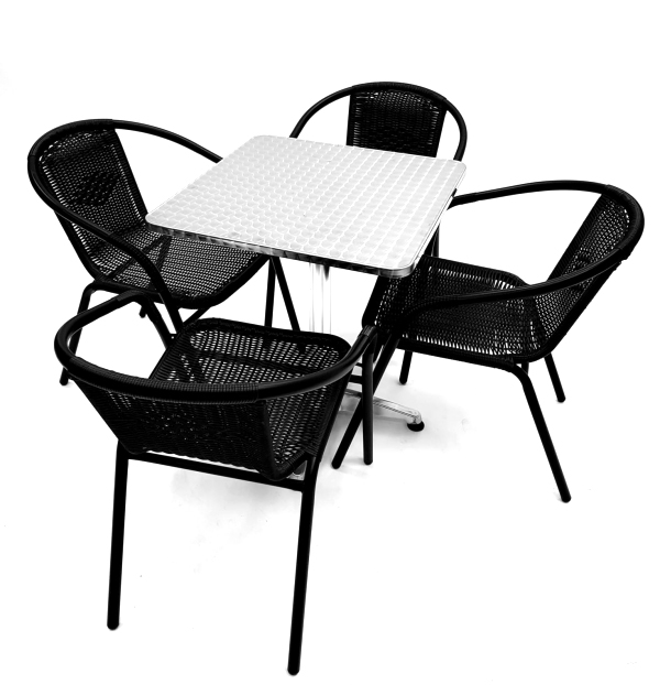 Black Garden Set - Square Pedestal Table & 4 Rattan Steel Chairs - BE Furniture Sales