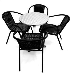 Black Garden Set - Round Pedestal Table & 4 Rattan Steel Chairs - BE Furniture Sales