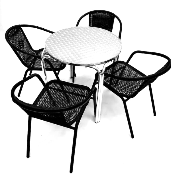 Black Garden Set - Aluminium Round Table & 4 Rattan Steel Chairs - BE Furniture Sales