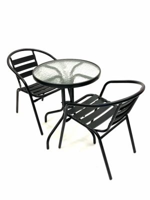 Black Garden Set - Round Glass Table & 2 Black Steel Chairs - BE Furniture Sales