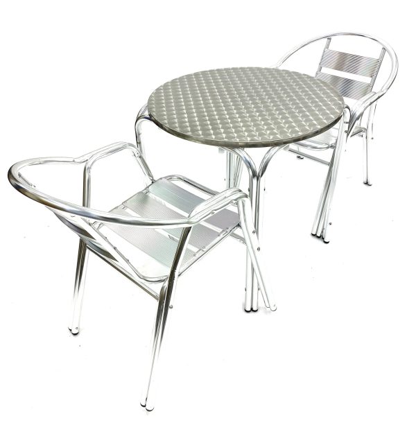Aluminium Garden Set Round Table & 2 Double Tube Chairs