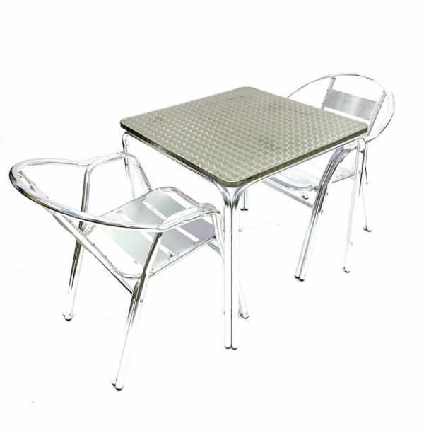 2 Double Tube Chairs & Square Stacking Aluminium Table Set - BE Furniture Sales