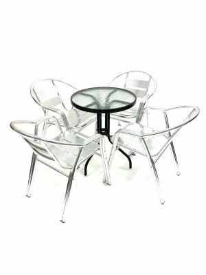 Aluminium Garden Set - Round Glass Table & 4 Double Tube Chairs - BE Furniture Sales