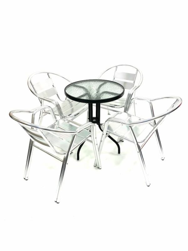 Aluminium Garden Sets with 4 Double Tube Chairs plus Round Glass Table - BE Furniture Sales