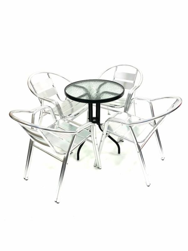 Aluminium Garden Set Round Glass Table & 4 Double Tube Chairs