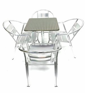 Aluminium Bistro Set - Square Pedestal Table & 4 Double Tube Chairs - BE Furniture Sales