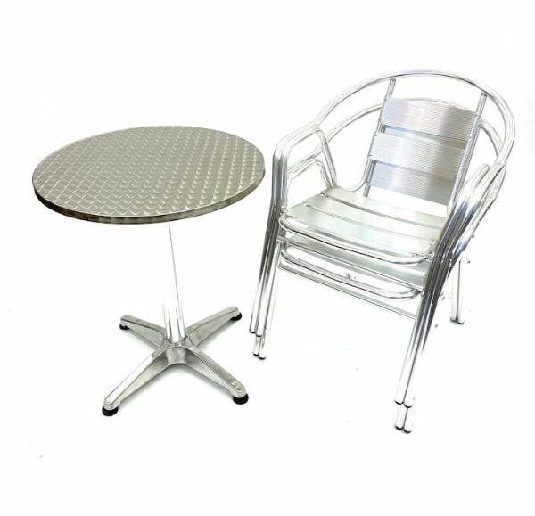 Aluminium Balcony Set - Round Pedestal Table & 2 Double Tube Chairs - Stacked for Storage - BE Furniture Sales