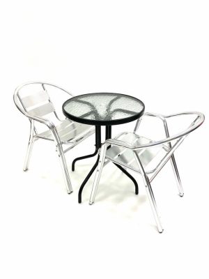 Aluminium Garden Set - Round Glass Table & 2 Double Tube Chairs - BE Furniture Sales